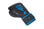 Black boxing glove with blue accents on a white background