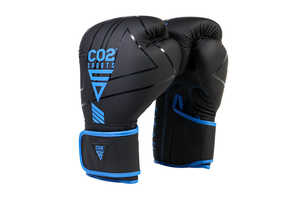 Black boxing gloves with blue accents on a white background