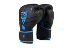Black boxing gloves with blue accents on a white background