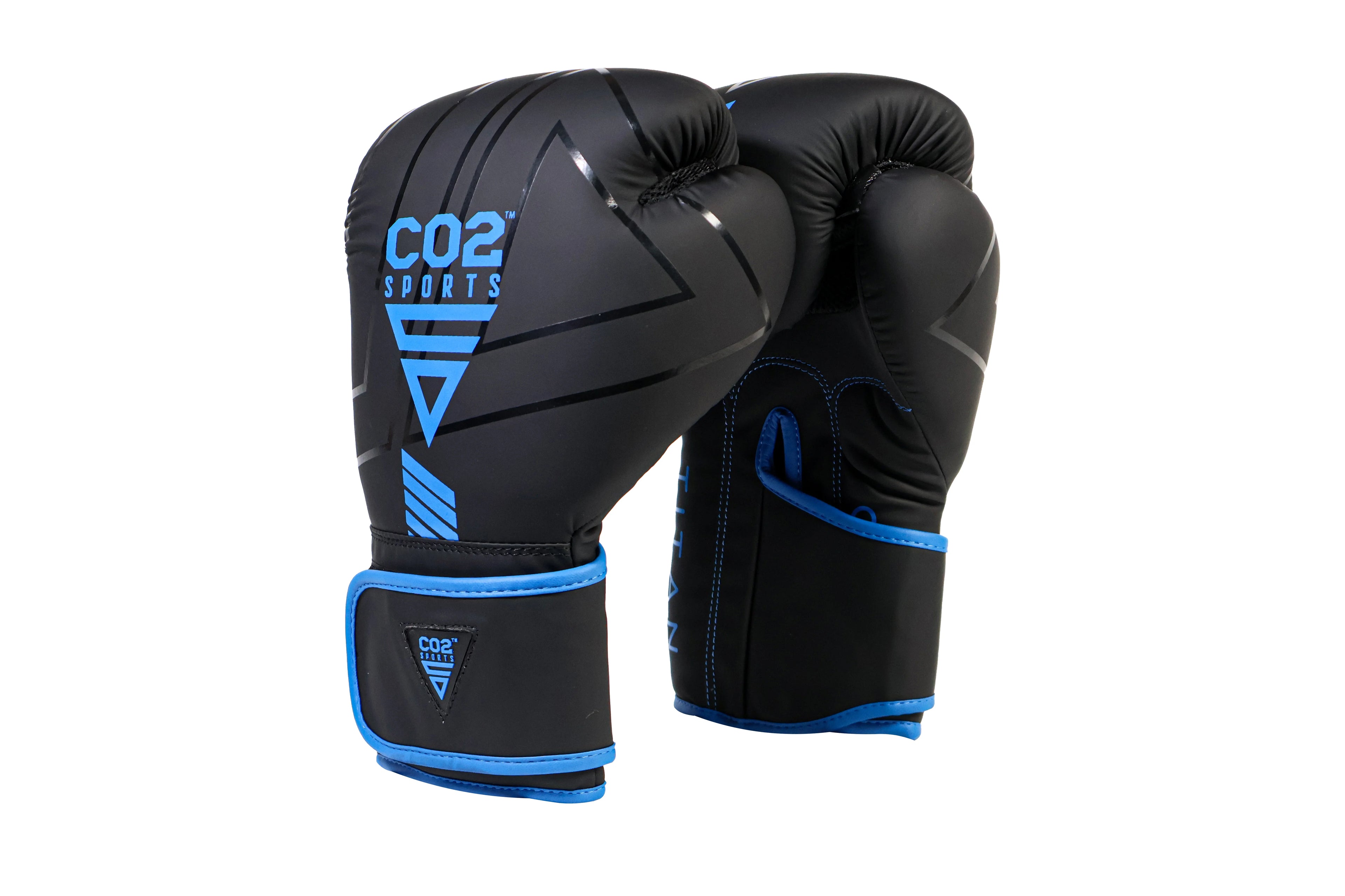 Black boxing gloves with blue accents on a white background