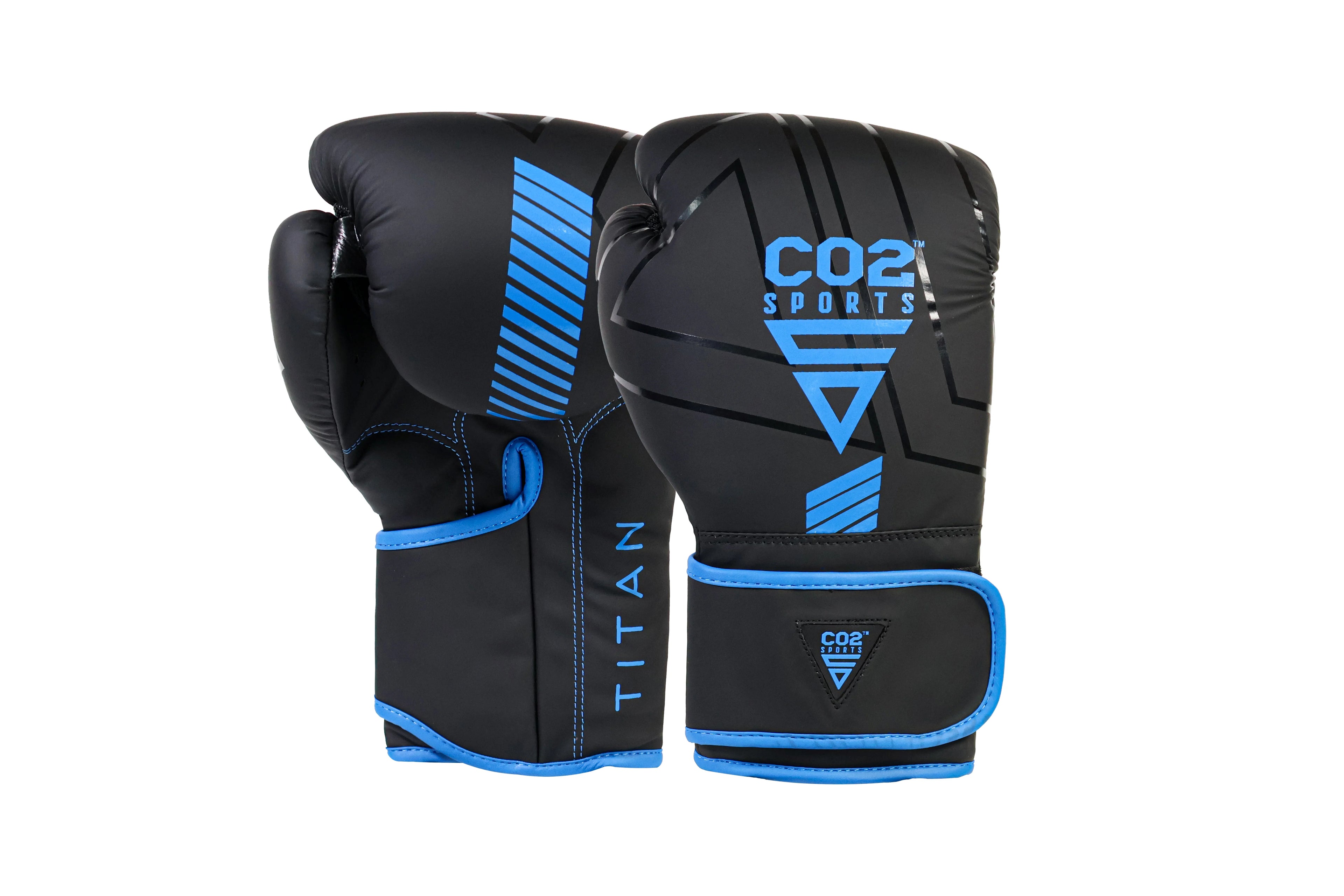 Black and blue boxing gloves with 'CO2 Sports' branding on a white background
