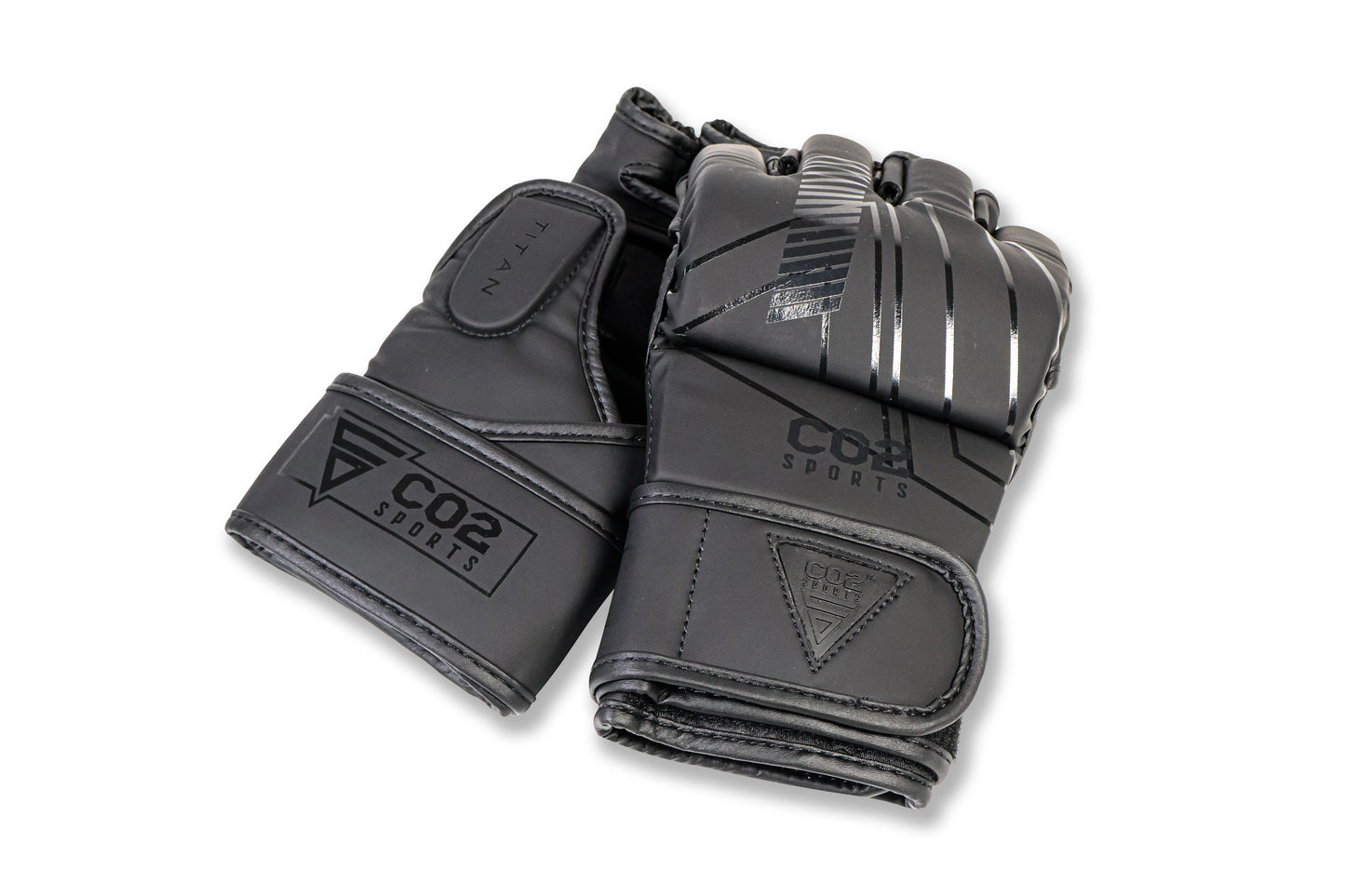 Pair of black CO2 Sports gloves on a white background