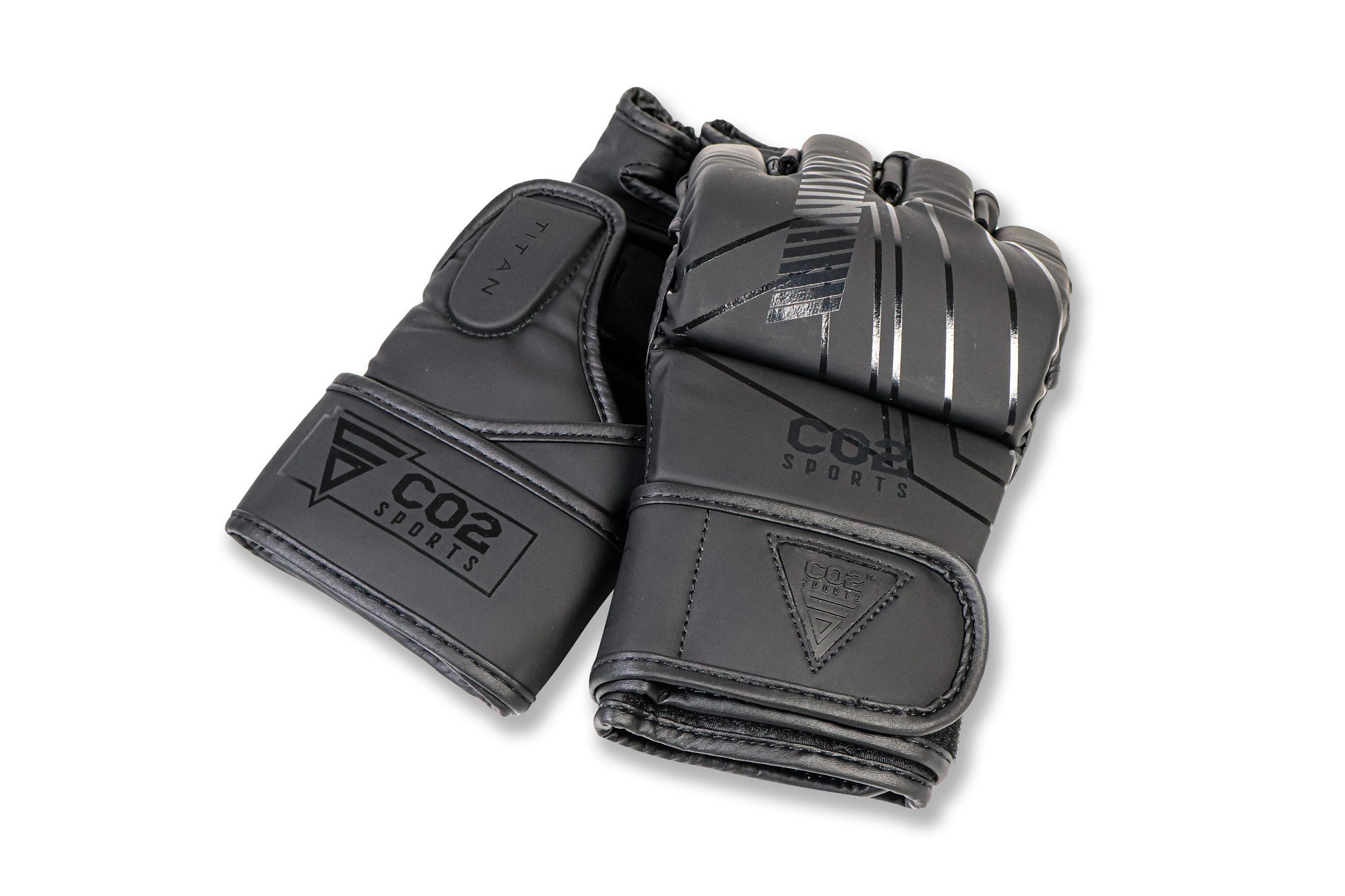 Pair of black CO2 Sports gloves on a white background