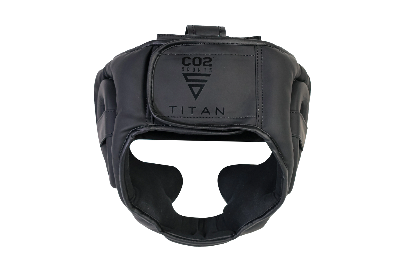Black boxing headgear with 'Titan' branding on a white background