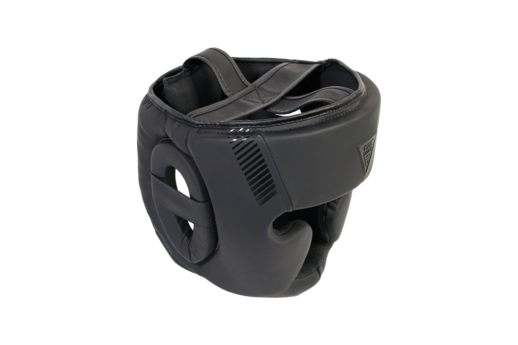 Black boxing headgear on a white background
