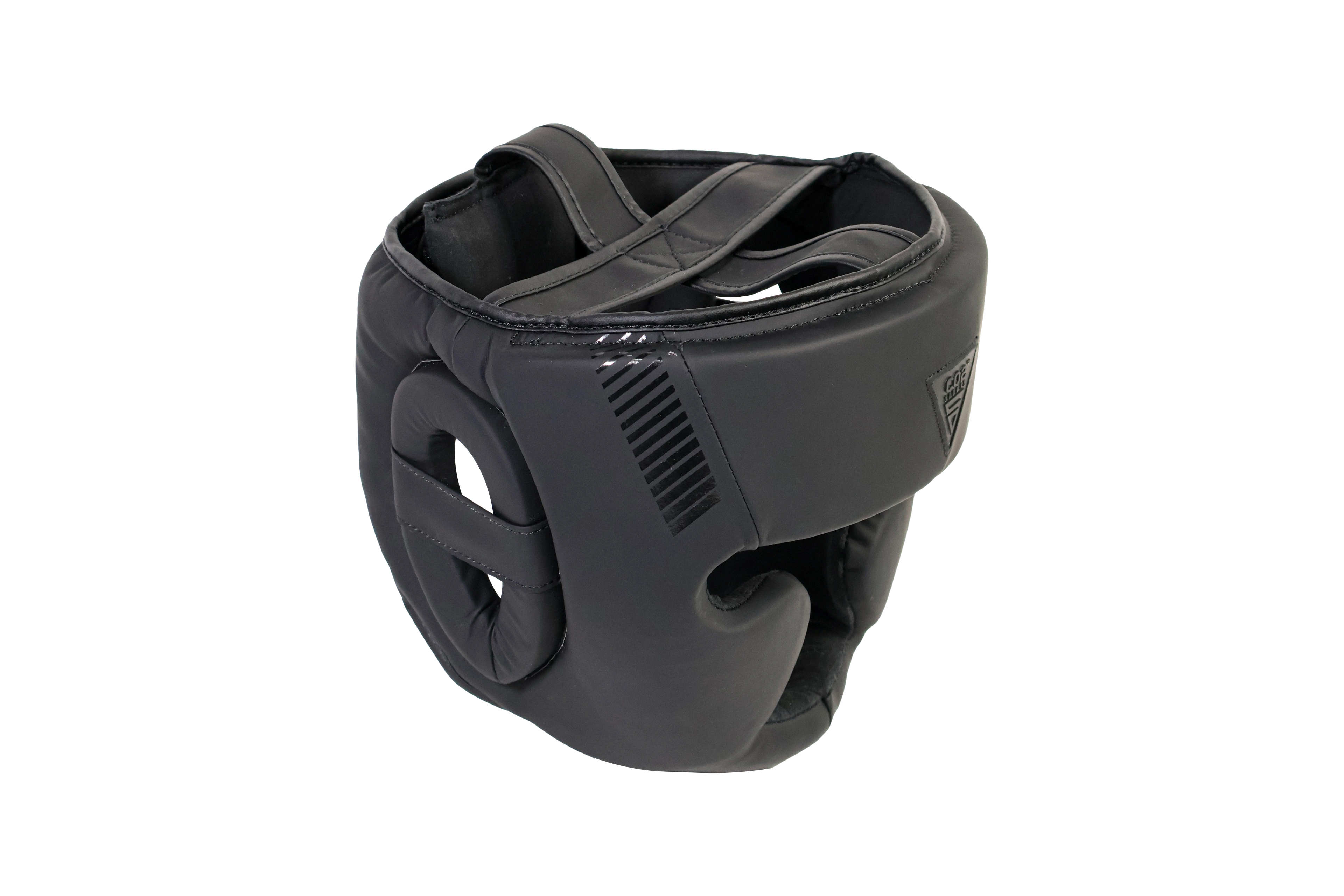 Black boxing headgear on a white background