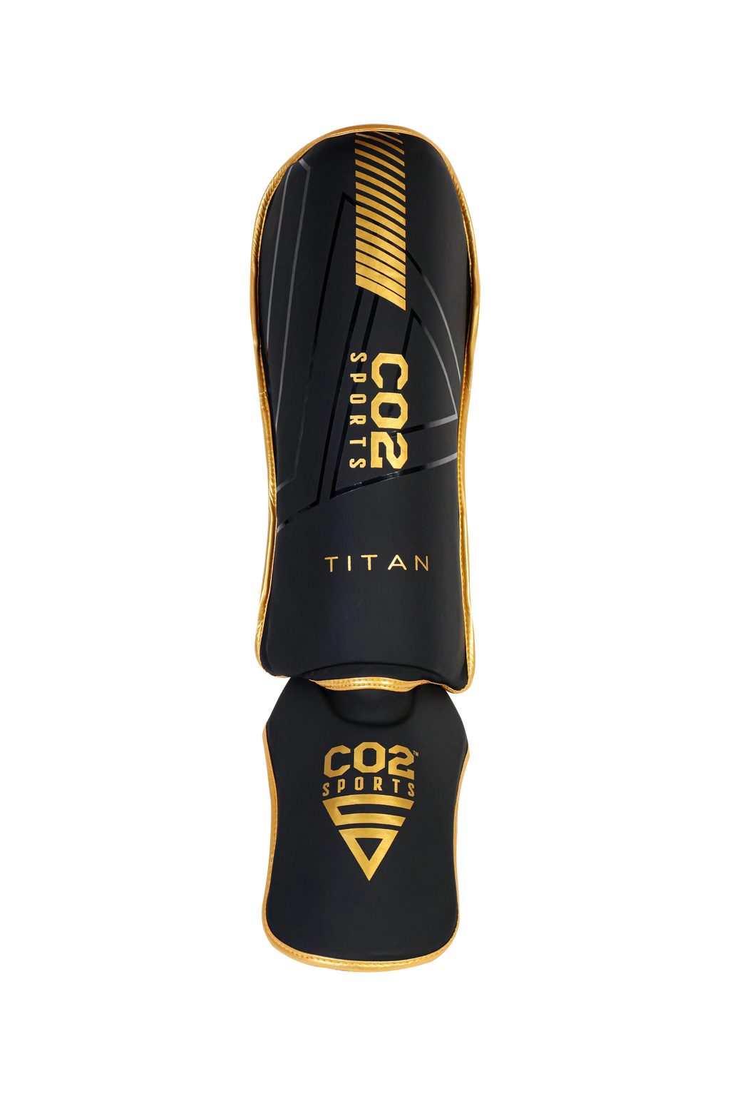 Black and gold CO2 Sports Titan shin guards on a white background