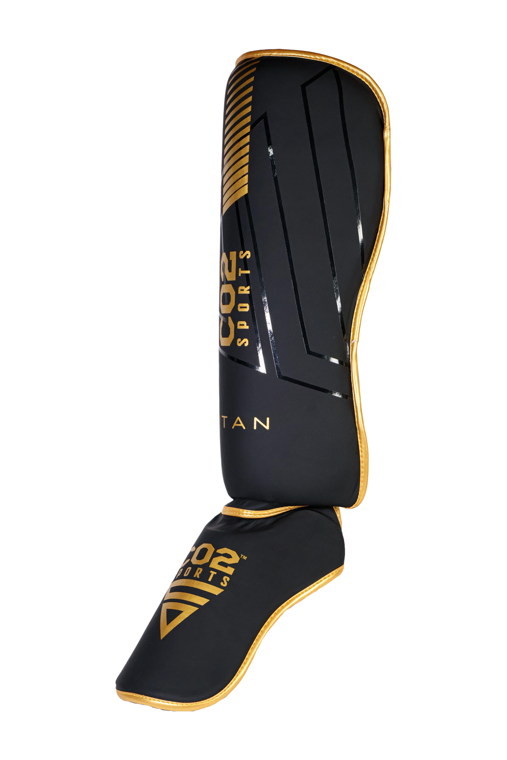 Black and gold shin guard with 'C02 Sports' branding on a white background