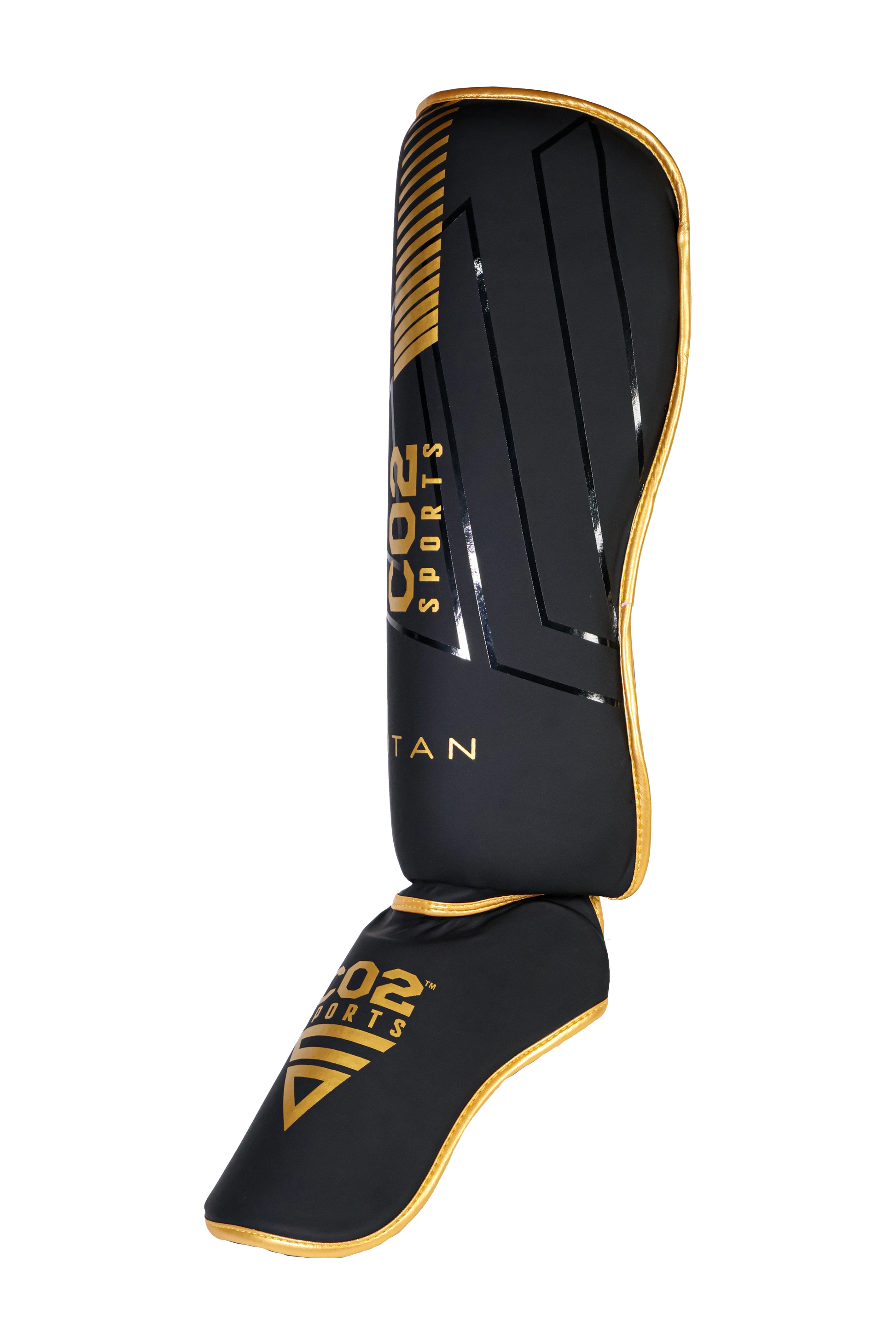 Black and gold shin guard with 'C02 Sports' branding on a white background