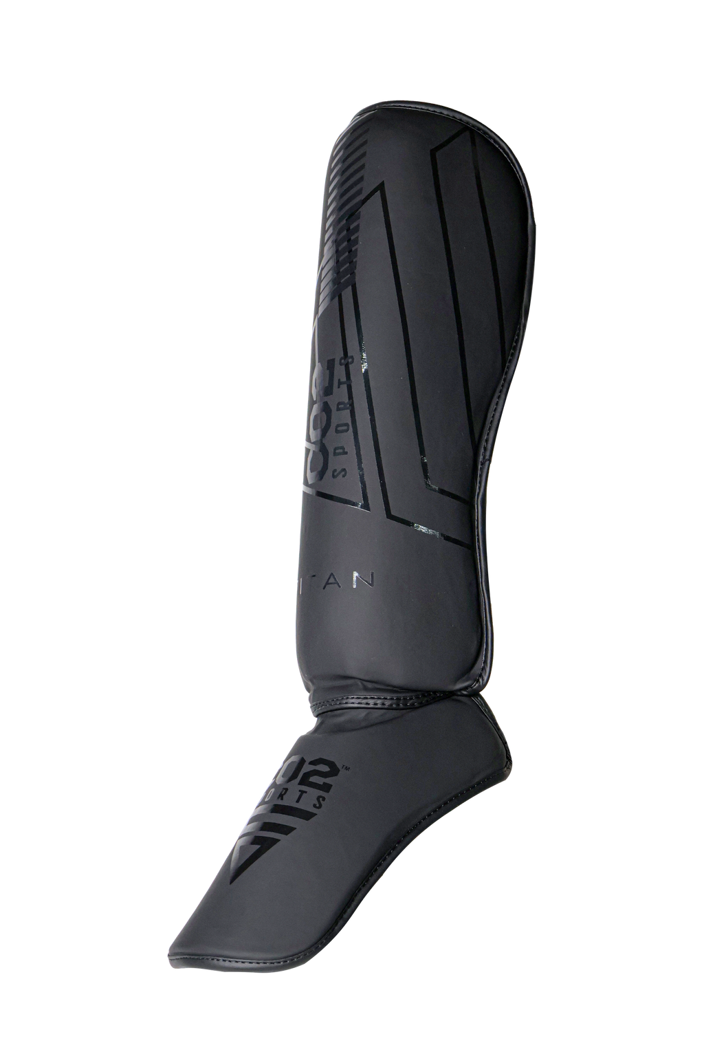 Black shin guard with brand logo on a white background