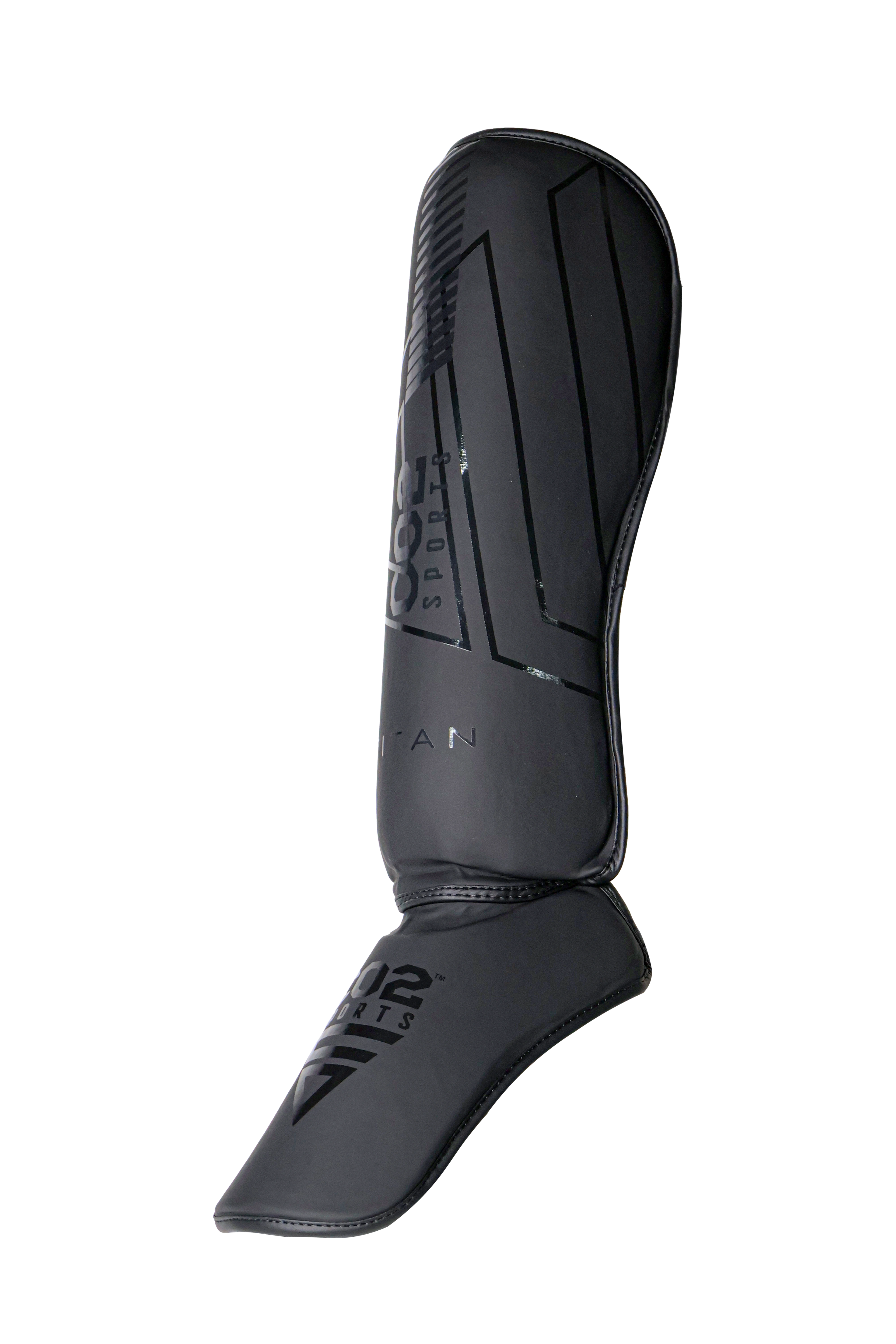 Black shin guard with brand logo on a white background