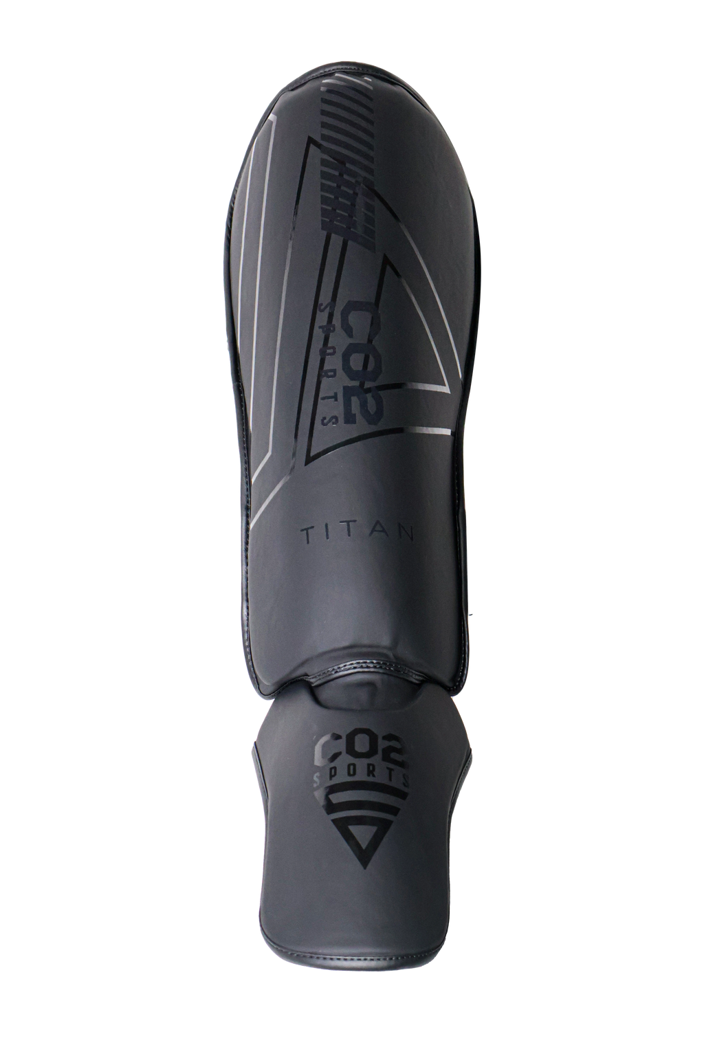 Black shin guard with branding on a white background