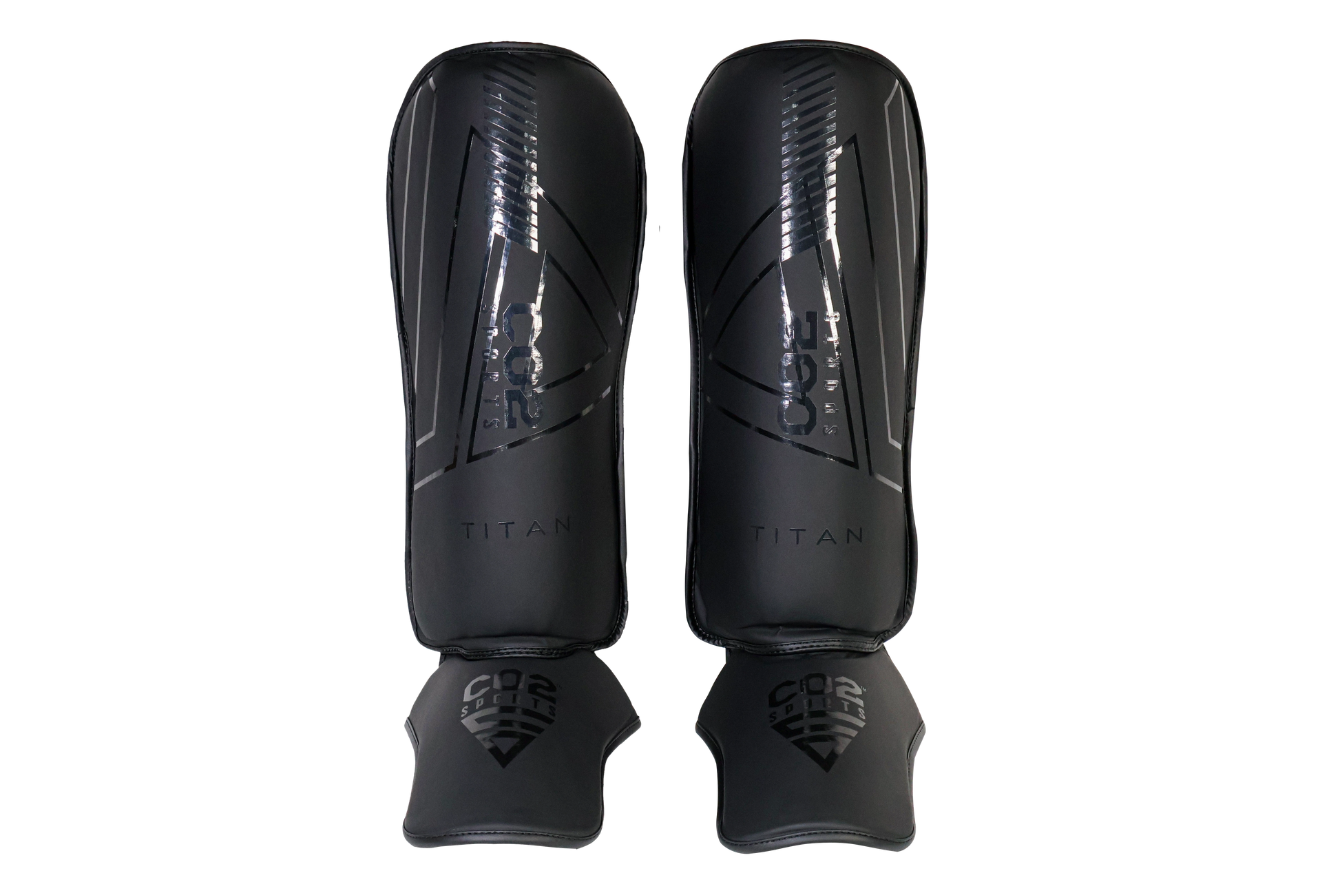 Pair of black shin guards with 'Titan' branding on a white background