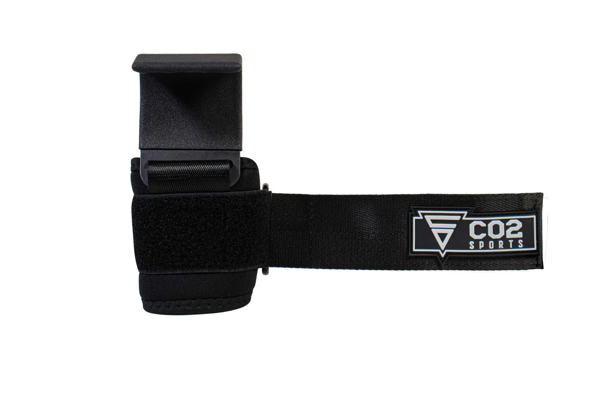 Black wrist wrap with CO2 Sports logo on a white background