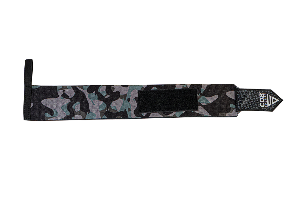 Camouflage-patterned headband with a brand logo on a white background