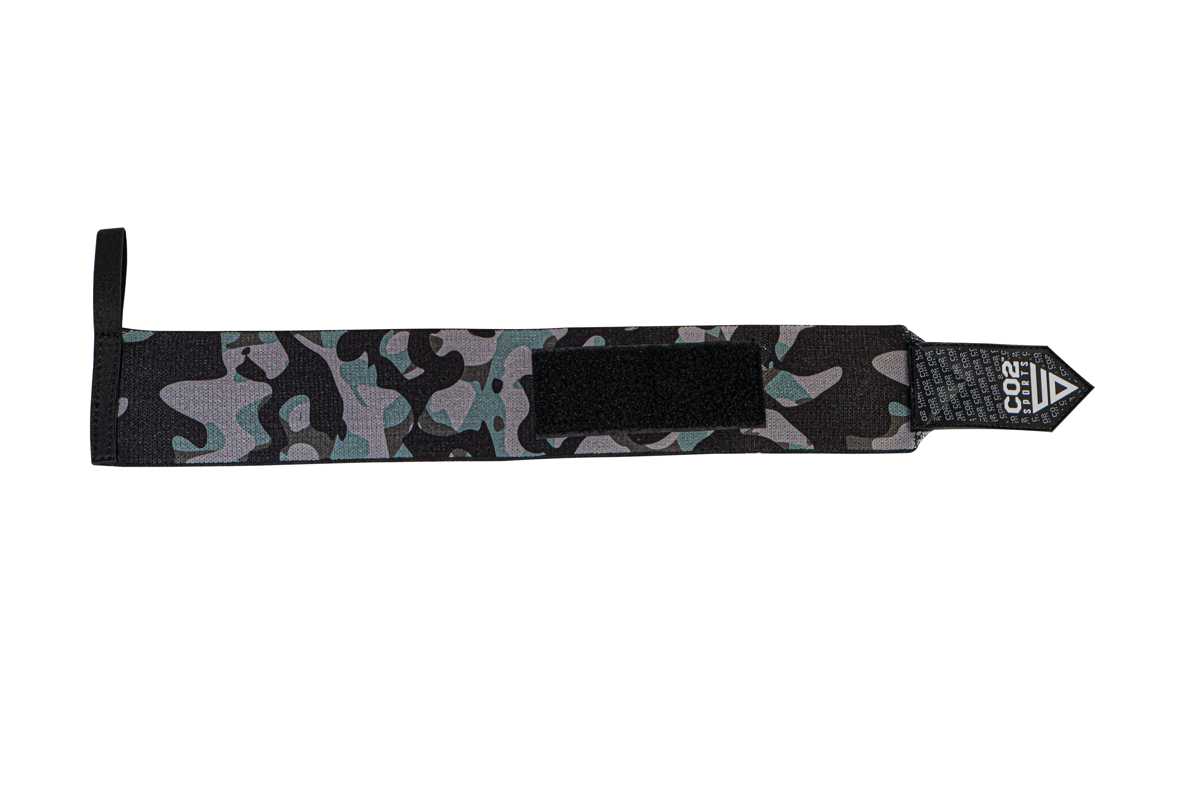 Camouflage-patterned headband with a brand logo on a white background
