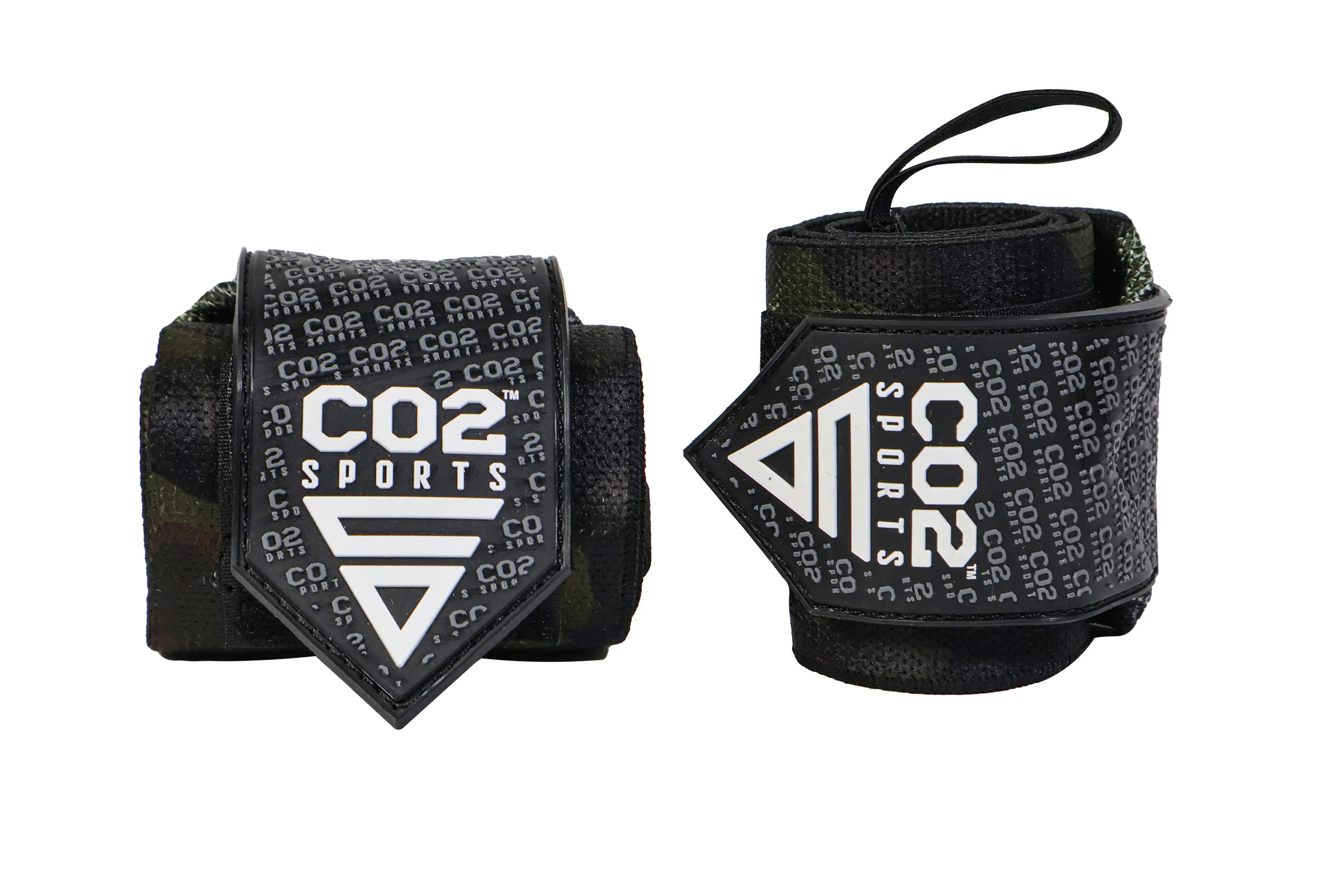 Black wrist wraps with CO2 Sports logo on a white background