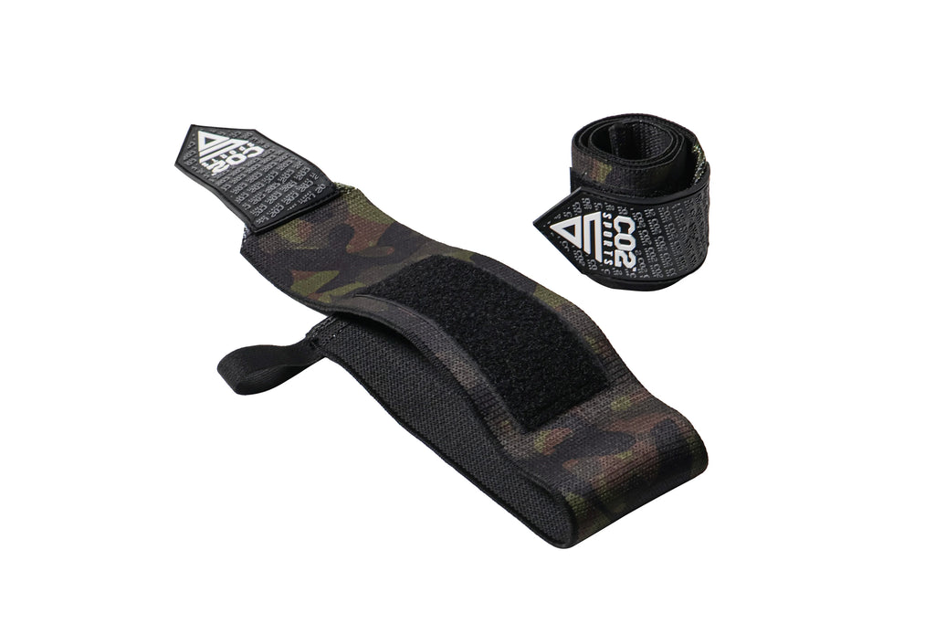 Camouflage wrist wrap with brand logo on a white background