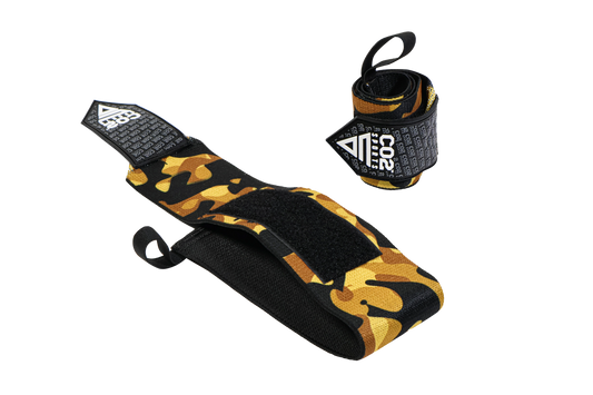 Black and gold camouflage wrist wrap with brand logo on a white background