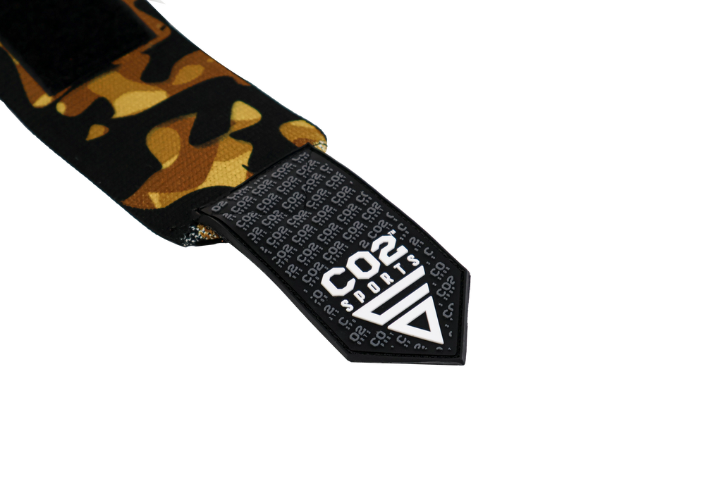 Camouflage-patterned strap with a brand logo on a white background