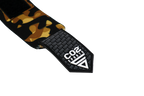 Camouflage-patterned strap with a brand logo on a white background