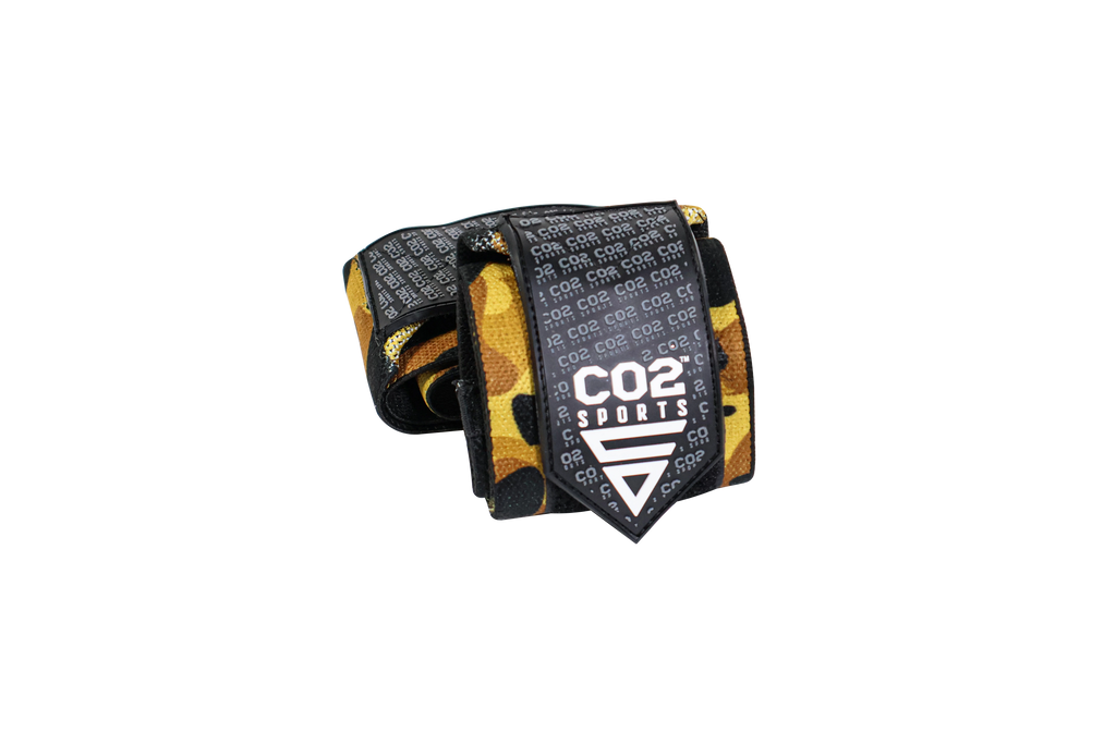 Black and yellow wrist wrap with CO2 Sports logo on a white background