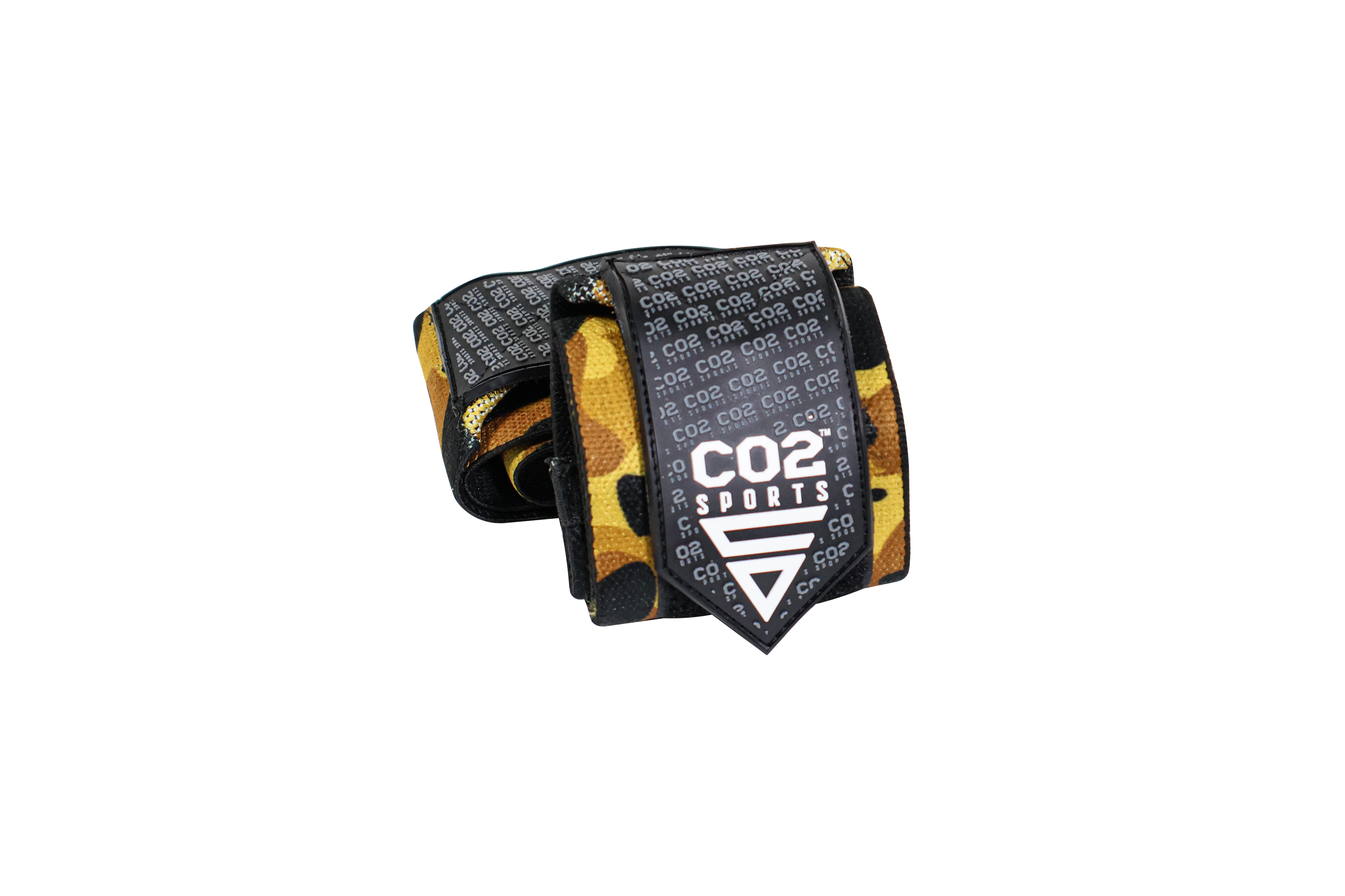 Black and yellow wrist wrap with CO2 Sports logo on a white background