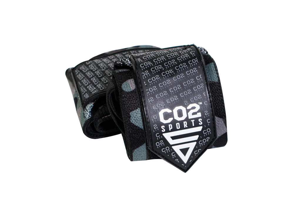 Black wrist wrap with 'CO2 Sports' branding on a white background