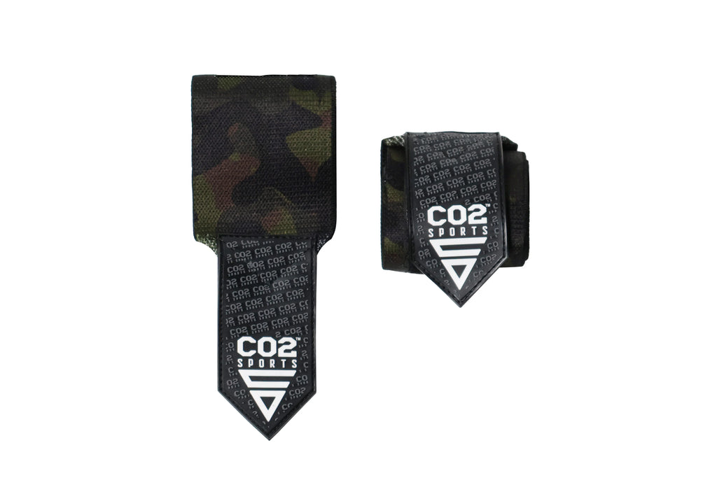 Two CO2 Sports wrist wraps with camouflage pattern on a white background