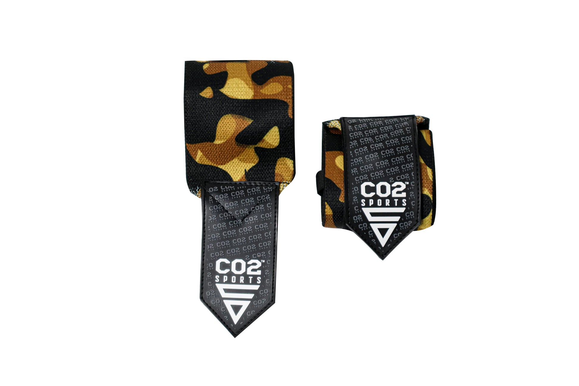 Two wrist wraps with camouflage pattern and 'CO2 Sports' branding on a white background