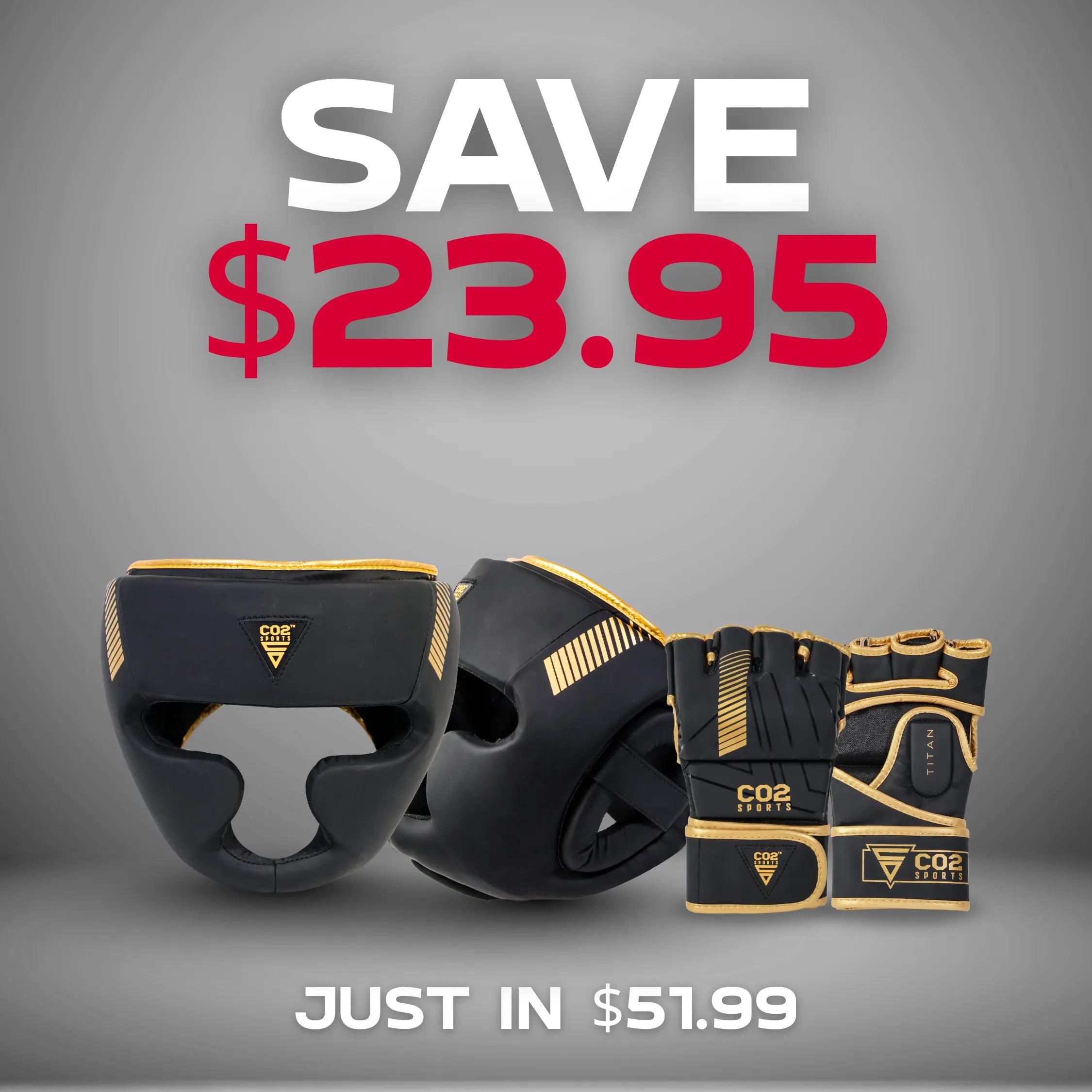 Black and gold MMA headgear and MMA gloves with a price tag on a gray background