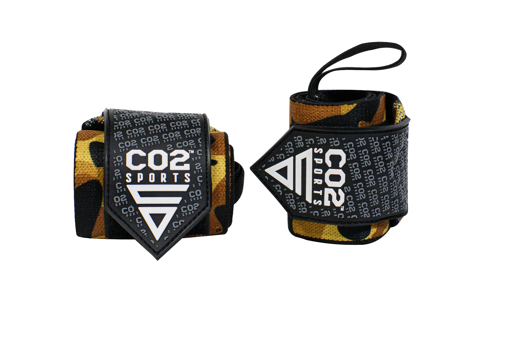 Camo gold heavy-duty wrist wrap with elastic and polyester material, perfect for fitness
