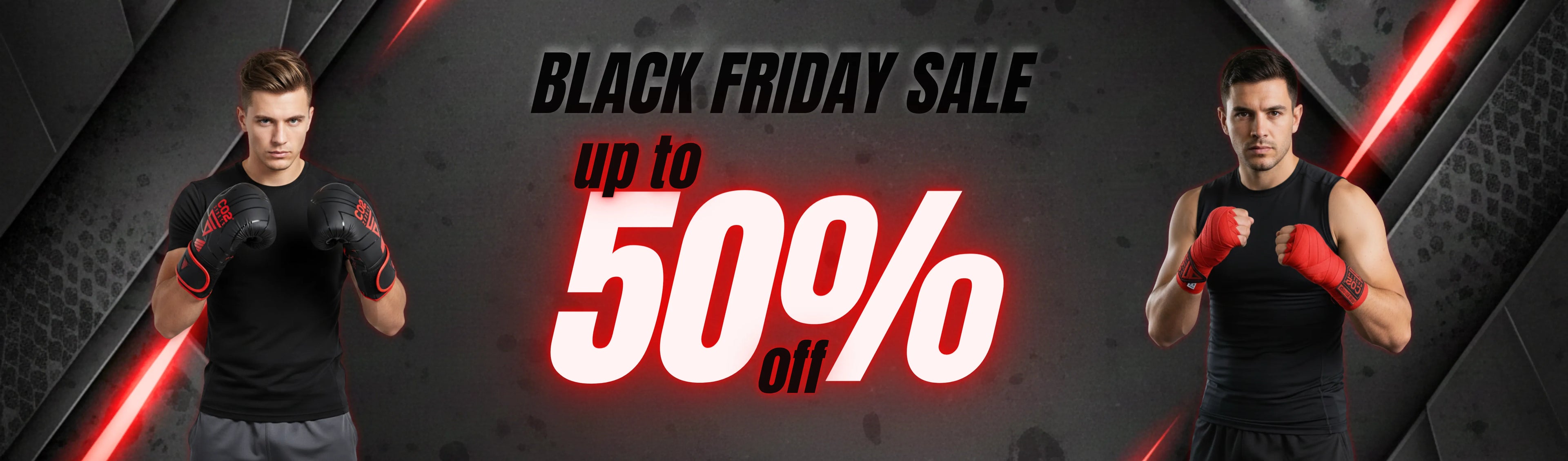 “Black Friday sale banner with two male boxers wearing gloves, promoting up to 50% off boxing gear and combat sports equipment.”
