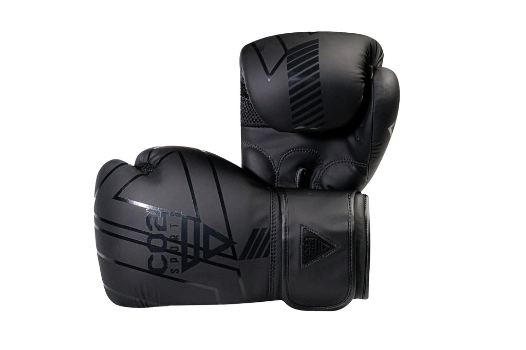 Black boxing gloves with a brand logo on a white background