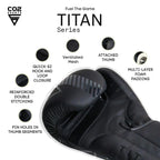 Premium Black boxing glove with features labeled on a white background, featuring premium.