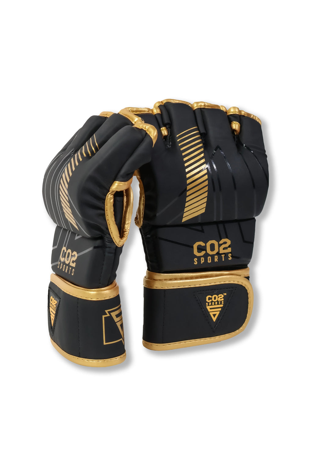 CO2 Sports black and gold MMA training gloves pair standing front angle