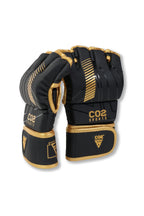 CO2 Sports black and gold MMA training gloves pair standing front angle