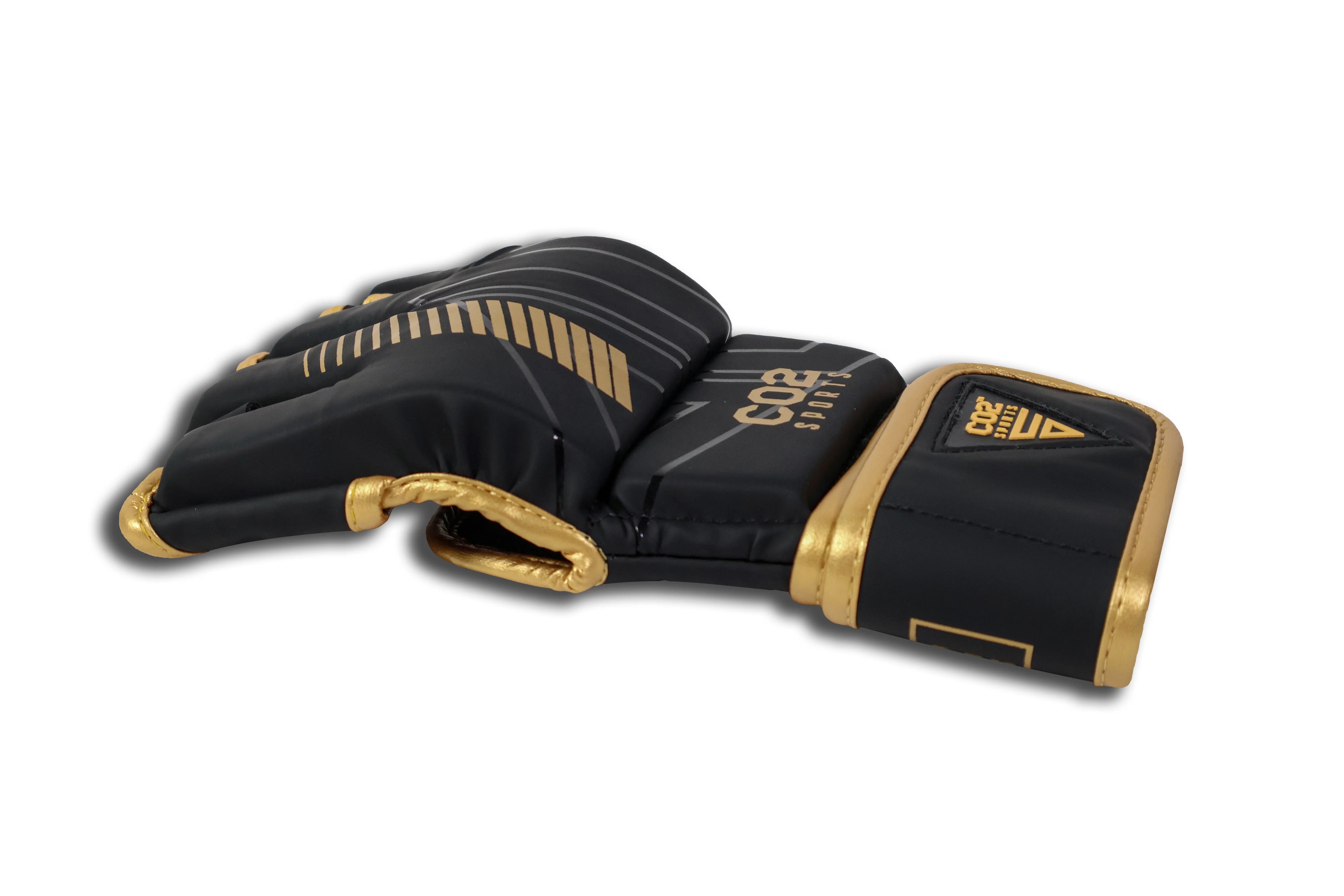 Side angle view of CO2 Sports black and gold MMA gloves with padded knuckles