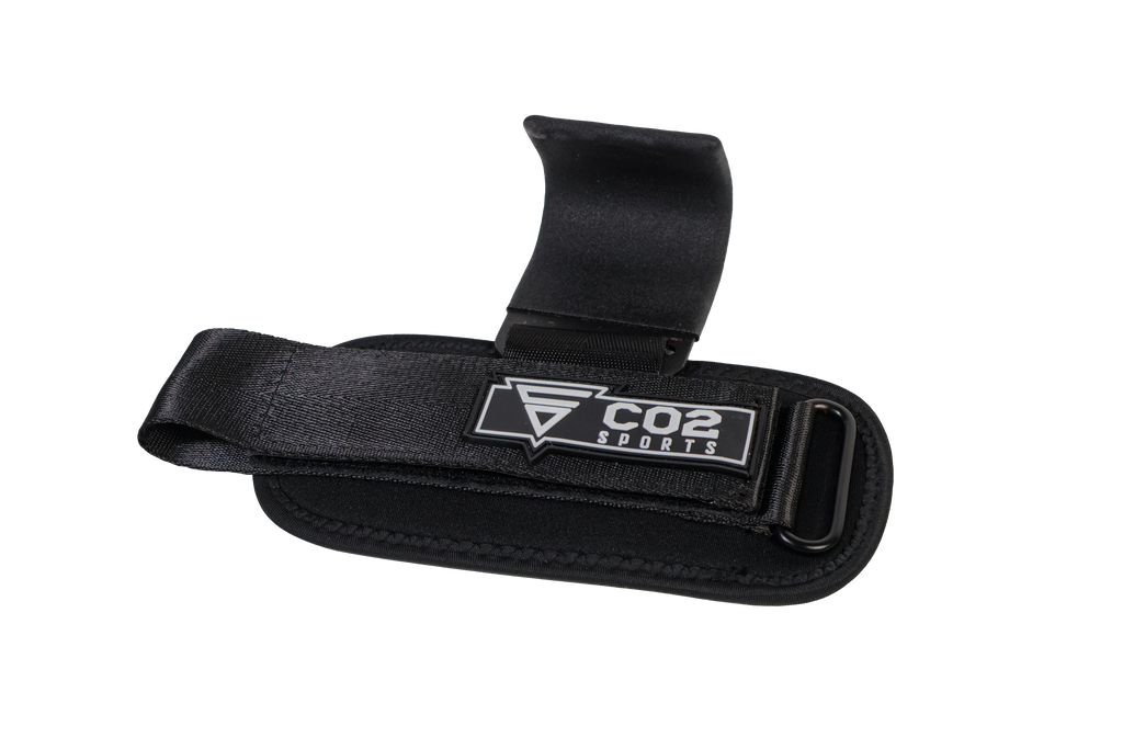 “CO2 Sports weight lifting hook with padded wrist support – side angled view for deadlifts, pull-ups and heavy strength training”