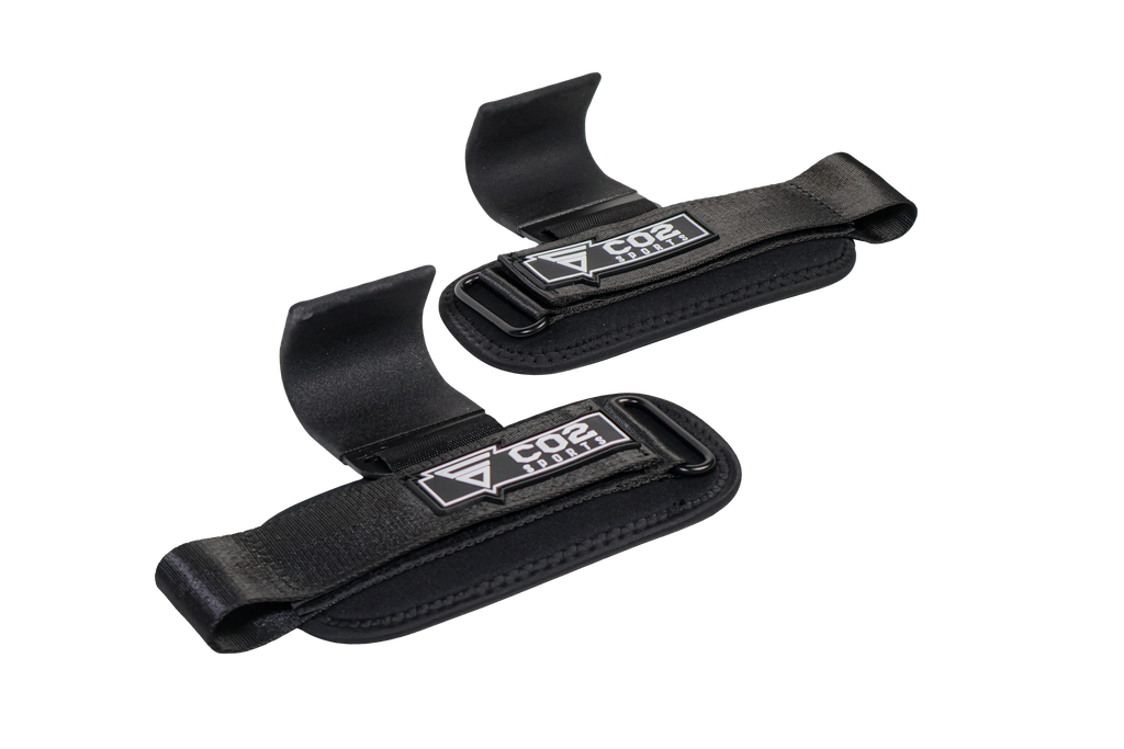 “CO2 Sports weight lifting hooks pair with padded wrist support for deadlifts, pull-ups and heavy strength training”