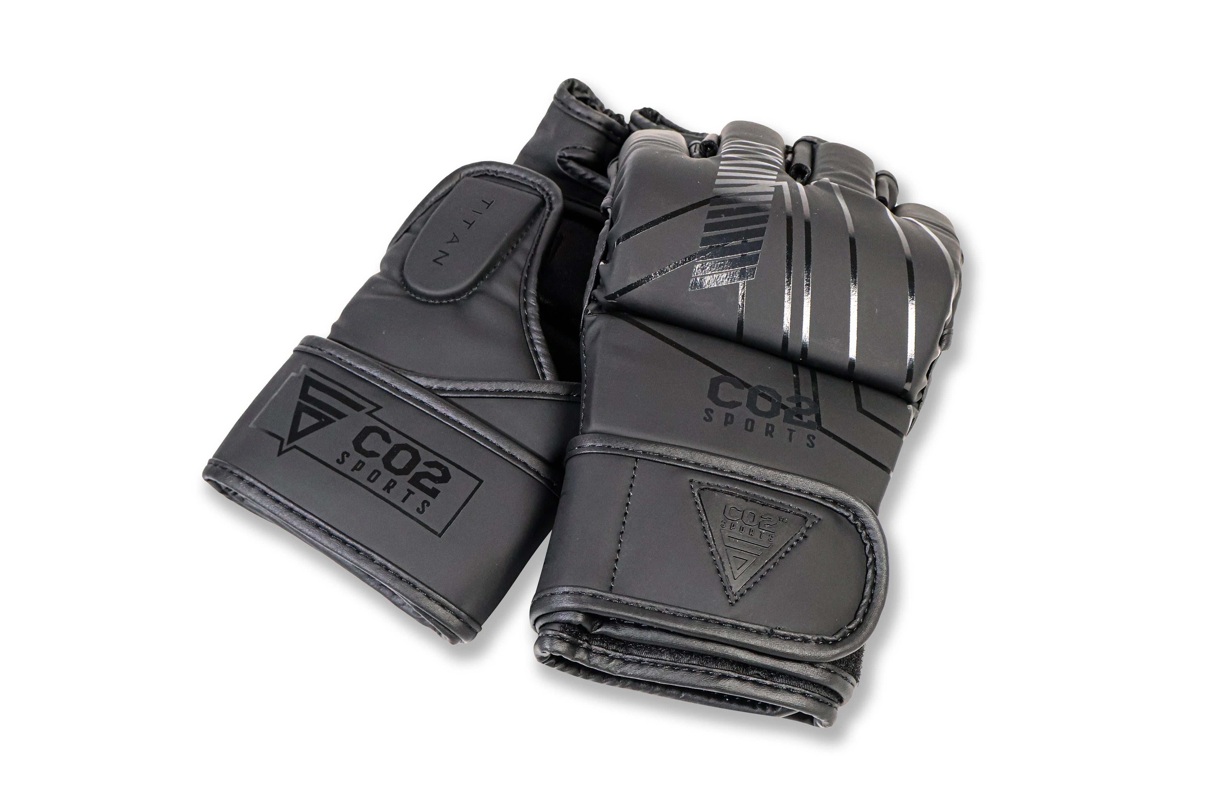 Angled view of CO2 Sports black MMA gloves showing top design and palm support