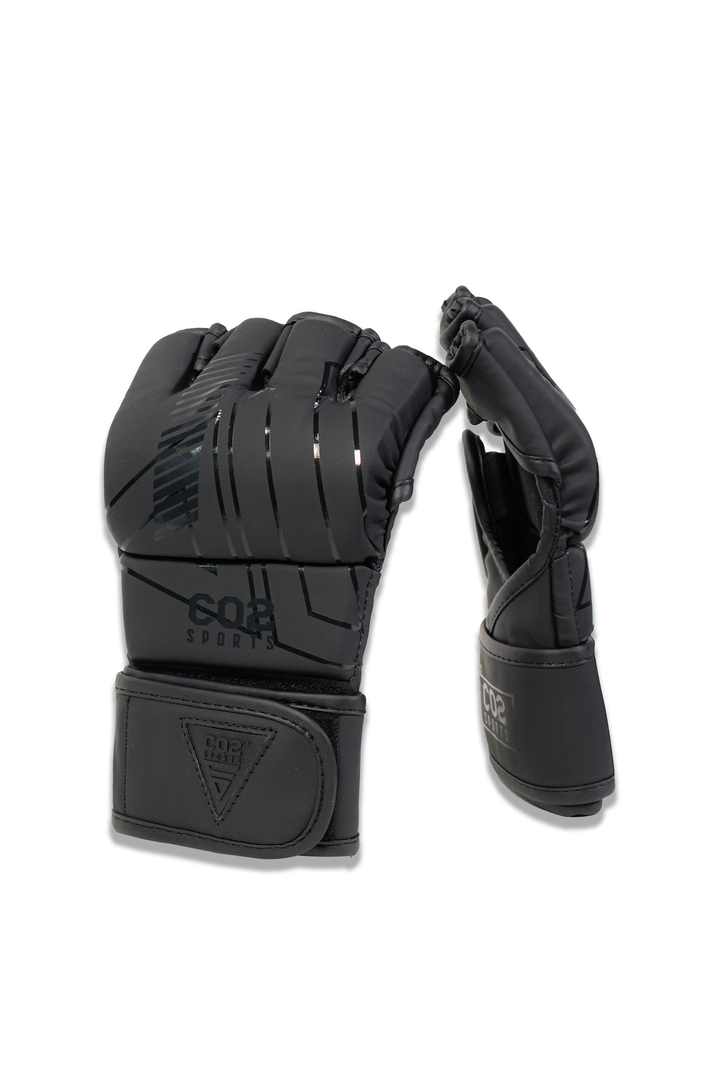 CO2 Sports black MMA gloves standing pair showing front and side angle