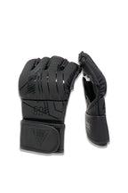 CO2 Sports black MMA gloves standing pair showing front and side angle