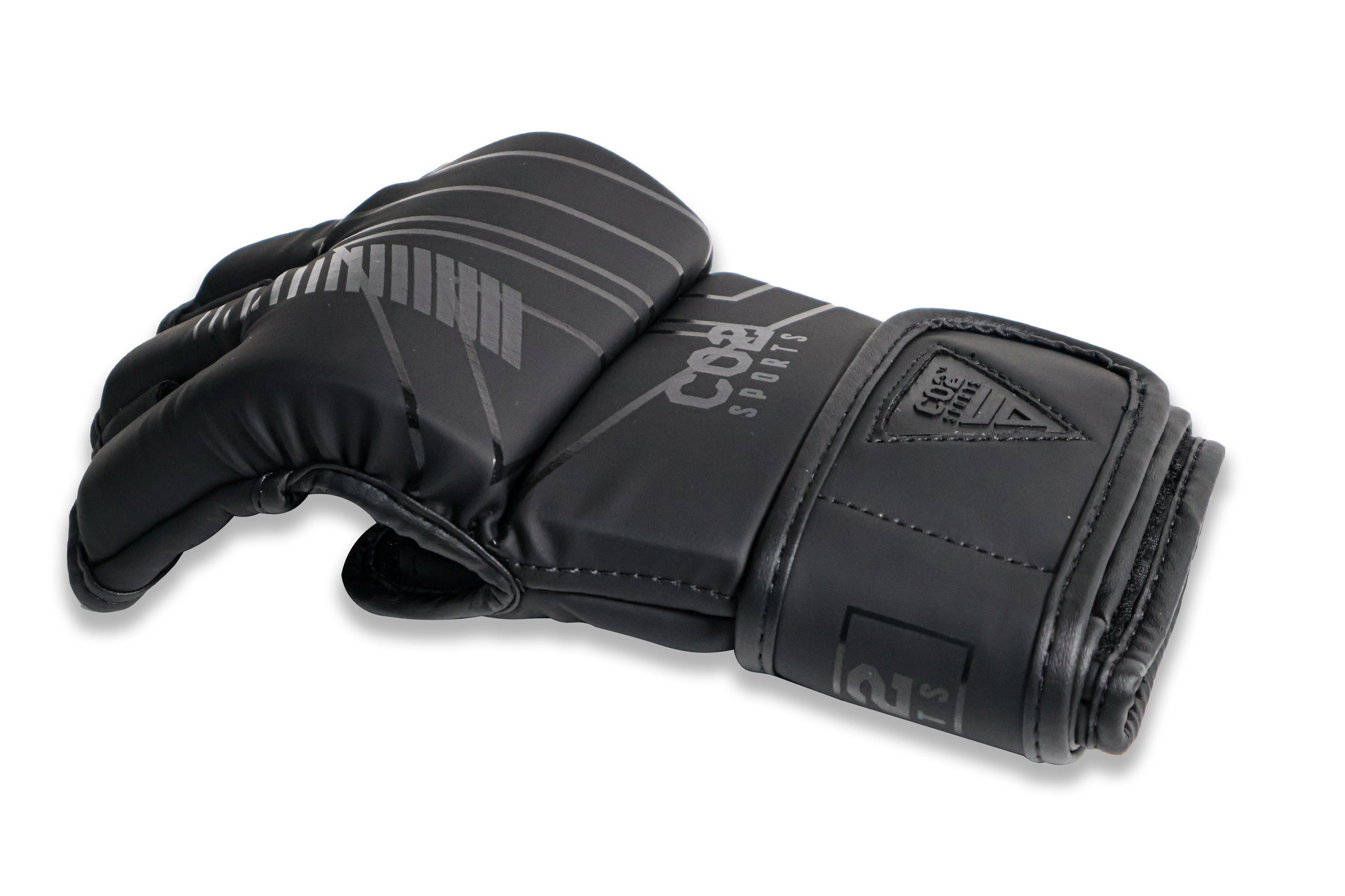 Side angle view of CO2 Sports black MMA gloves highlighting padding and stitching