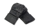Flat lay of CO2 Sports black MMA gloves showing padded knuckles and wrist strap