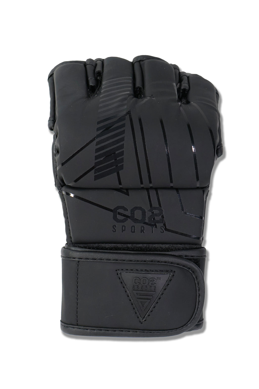 CO2 Sports black MMA training gloves front view with padded knuckles