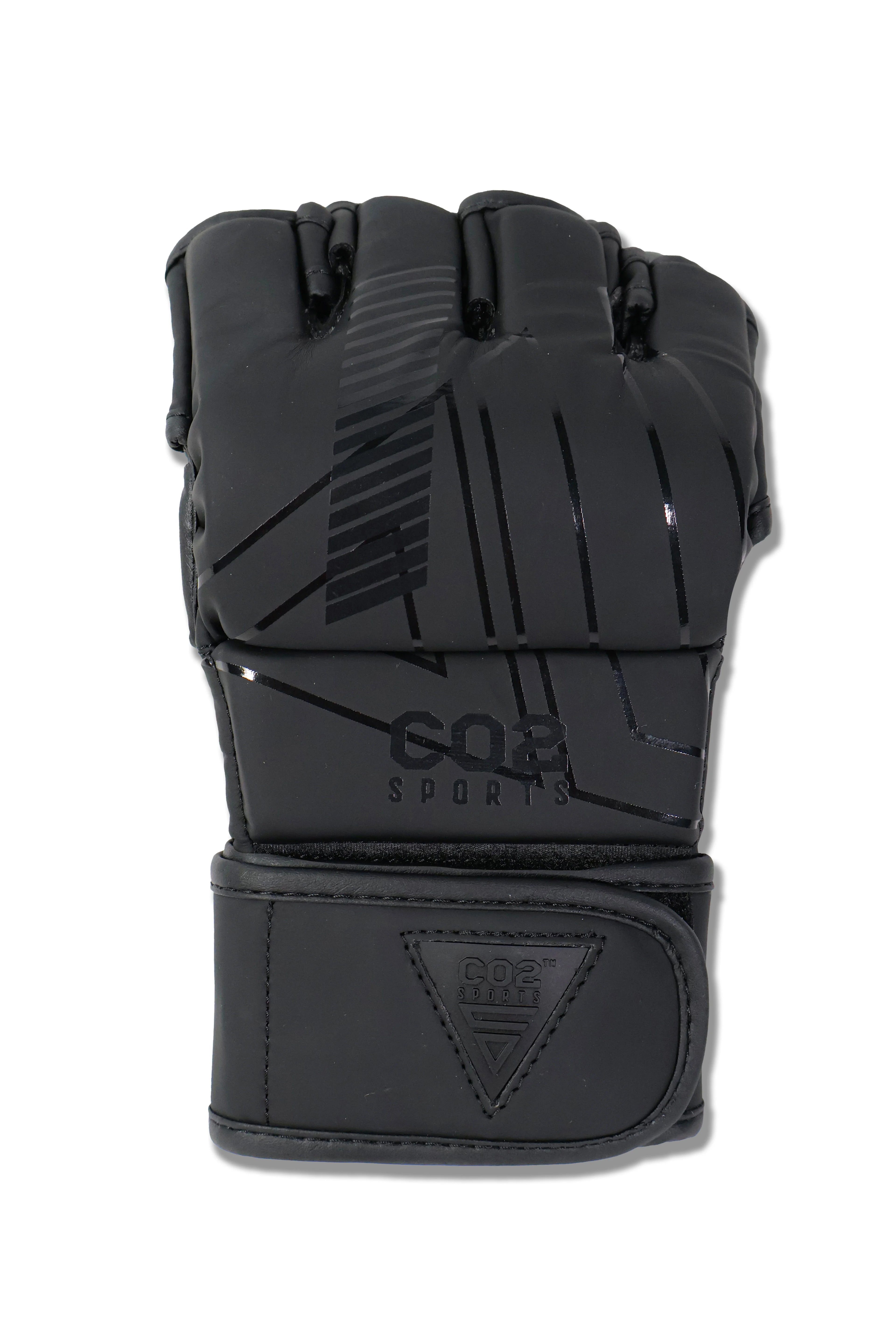 CO2 Sports black MMA training gloves front view with padded knuckles