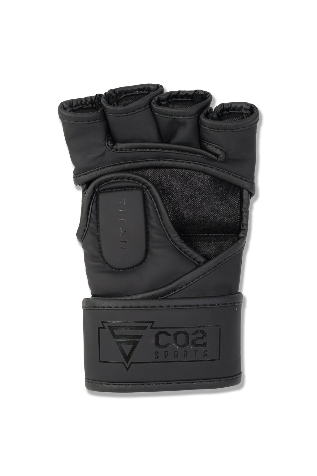 Palm-side view of CO2 Sports black MMA gloves with open-finger design