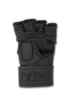 Palm-side view of CO2 Sports black MMA gloves with open-finger design