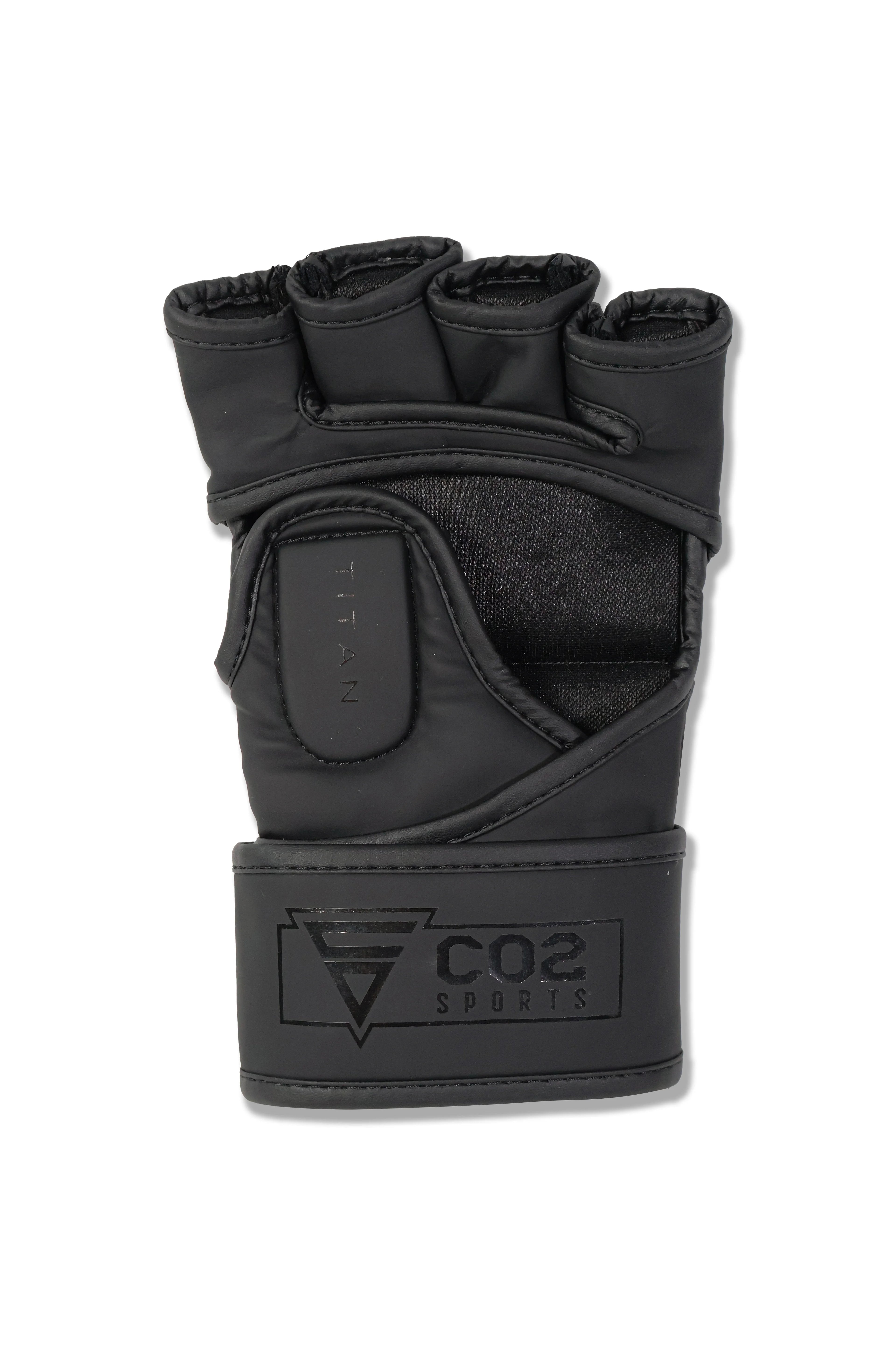 Palm-side view of CO2 Sports black MMA gloves with open-finger design